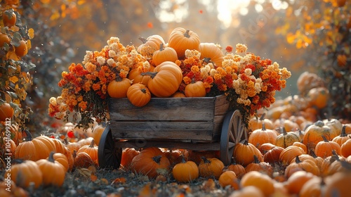 A wooden wagon filled with pumpkins and orange flowers sits in a field of pumpkins.