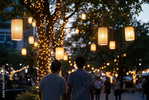 An evening park walk becomes enchanting as a couple wanders under luminous lanterns, with glowing lights enhancing the romantic and peaceful mood of the scene.