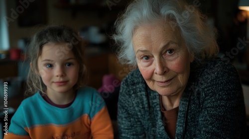 Generationenverbundenheit: Ältere Frau und junges Mädchen teilen einen Moment photo