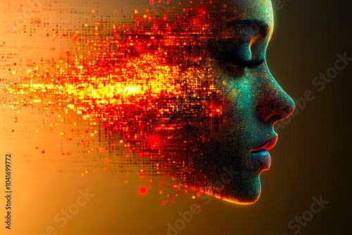 A pixelated side profile of a human face glowing with vibrant colors, symbolizing the fusion of human and digital artistry. photo