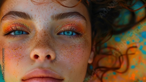 Close Up Portrait of a Woman with Blue Eyes and Glittery Makeup