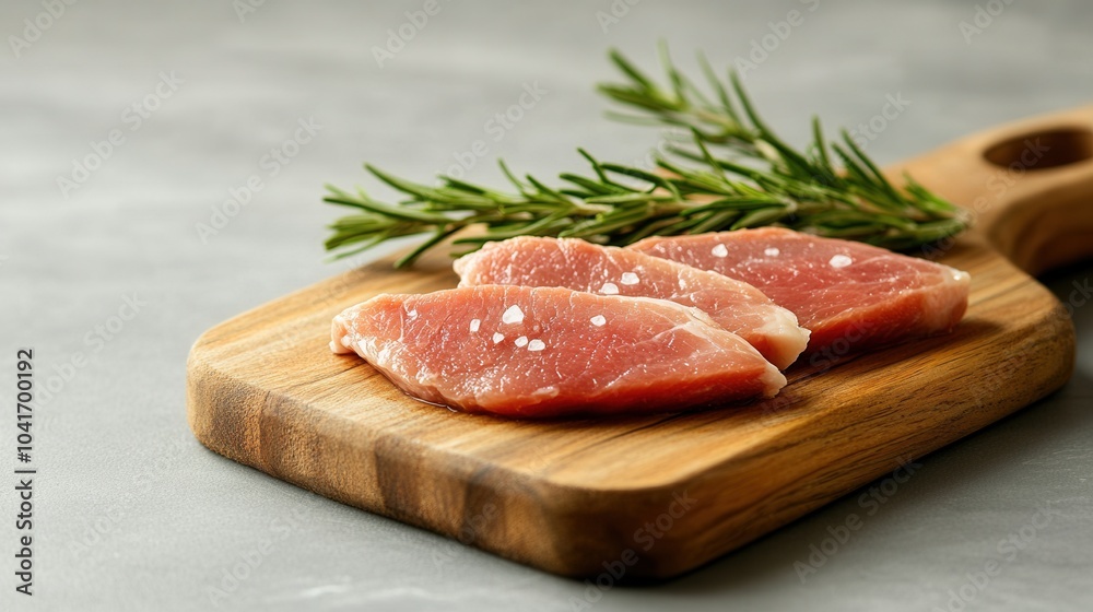 Frisches Schweinefilet auf Holzbrett mit Rosmarin für kulinarische und Speisenpräsentation Frisches Schweinefilet auf Holzbrett mit Rosmarin für kulinarische und Speisenpräsentation