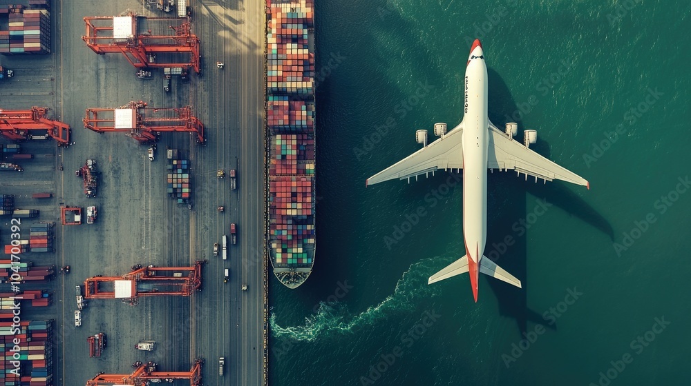 Cargo aircraft and container ship side by side in a busy industrial port, symbolizing integrated global supply chains and efficient logistics Cargo aircraft and container ship side by side in a busy industrial port, symbolizing integrated global supply chains and efficient logistics