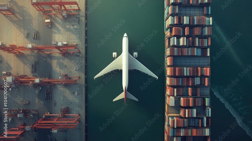 Cargo aircraft and container ship side by side in a busy industrial port, symbolizing integrated global supply chains and efficient logistics