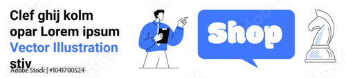 Man holding clipboard pointing to speech bubble with text Shop along with a chess piece. Ideal for online shopping, business analysis, e-commerce, decision making, digital marketing. Landing page