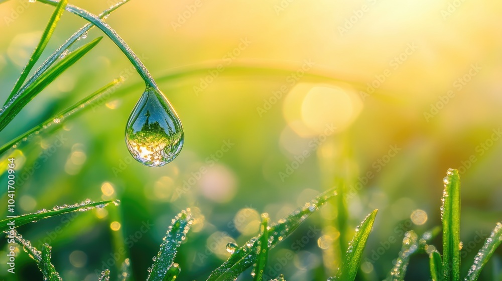 A perfect dewdrop hanging from grass, reflecting the world in miniature detail, capturing nature's serene, delicate beauty A perfect dewdrop hanging from grass, reflecting the world in miniature detail, capturing nature's serene, delicate beauty