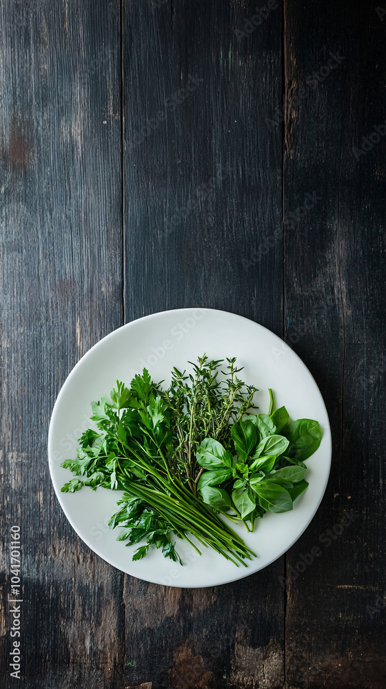 Simple composition of fresh herbs on a white plate against a rustic wooden background Simple composition of fresh herbs on a white plate against a rustic wooden background