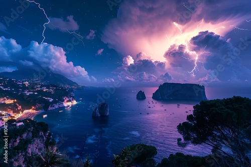 Storm clouds and hard weather over Adriatic Sea in Croatia Europe. Powerful lightning and flashes over the village Rogoznica in Dalmatian coastline. photo