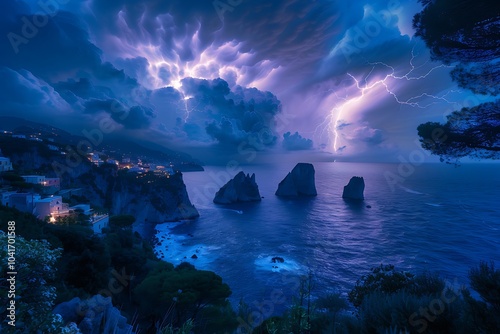 Storm clouds and hard weather over Adriatic Sea in Croatia Europe. Powerful lightning and flashes over the village Rogoznica in Dalmatian coastline. photo