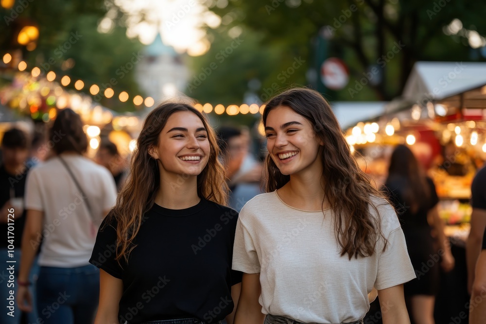 Two friends explore a bustling open market hand in hand, lit by string lights, their laughter as bright as the lights above, enjoying the shared adventure and exploration. Two friends explore a bustling open market hand in hand, lit by string lights, their laughter as bright as the lights above, enjoying the shared adventure and exploration.