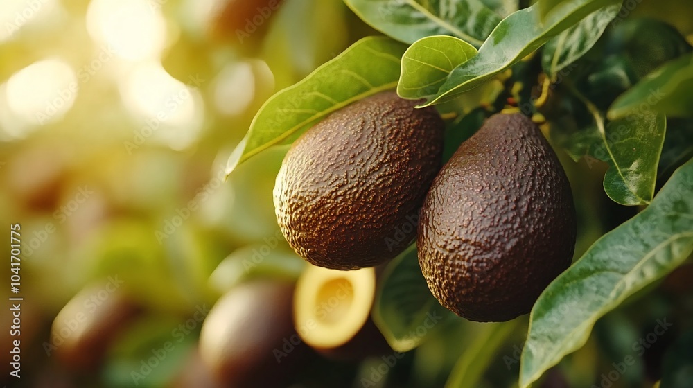 Ripe avocados hanging on a tree branch in an orchard. Ripe avocados hanging on a tree branch in an orchard.