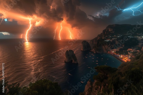 Storm clouds and hard weather over Adriatic Sea in Croatia Europe. Powerful lightning and flashes over the village Rogoznica in Dalmatian coastline. photo