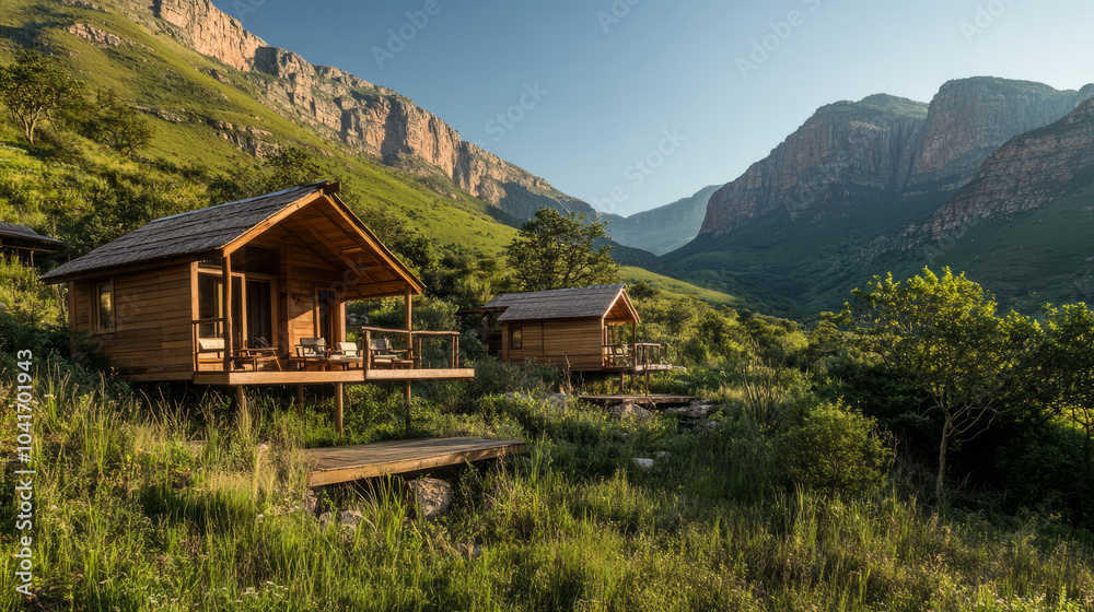 Obraz premium A luxury nature lodge nestled in a scenic mountain landscape, with wooden cabins and outdoor terraces offering breathtaking views of the wilderness