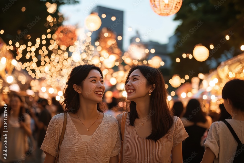 Two women walk close together in a beautifully lit city street, surrounded by twinkling lights that illuminate their path, embodying friendship and urban adventure. Two women walk close together in a beautifully lit city street, surrounded by twinkling lights that illuminate their path, embodying friendship and urban adventure.