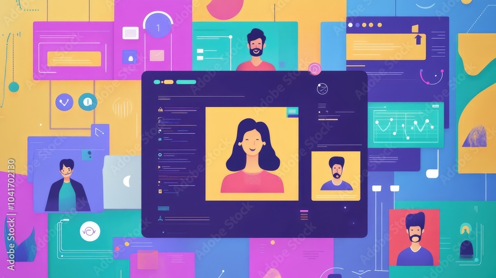 Collaborative project management on digital platform, flat design, front view, tech theme, animation Collaborative project management on digital platform, flat design, front view, tech theme, animation