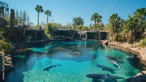 A modern zoo with a variety of animal exhibits, featuring aquariums with exotic marine life, and educational tours for visitors