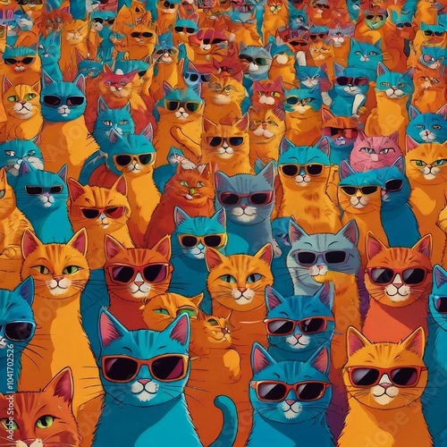 a large number of cats with glasses