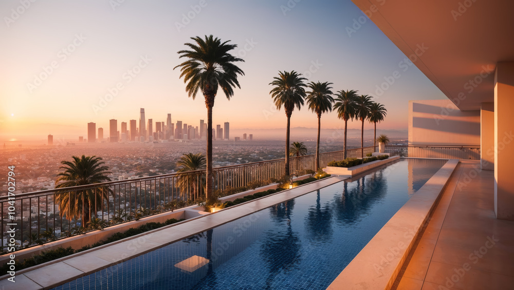 Fototapeta premium Modern infinity pool overlooking los angeles at sunset