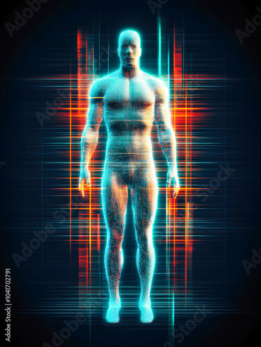 A glowing digital human figure stands surrounded by pixelated aura, symbolizing the energy and dynamism of digital existence.