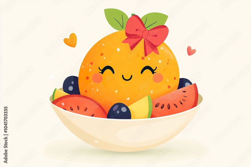 Adorable Orange with a Bow in a Fruit Salad Bowl Cartoon Illustration