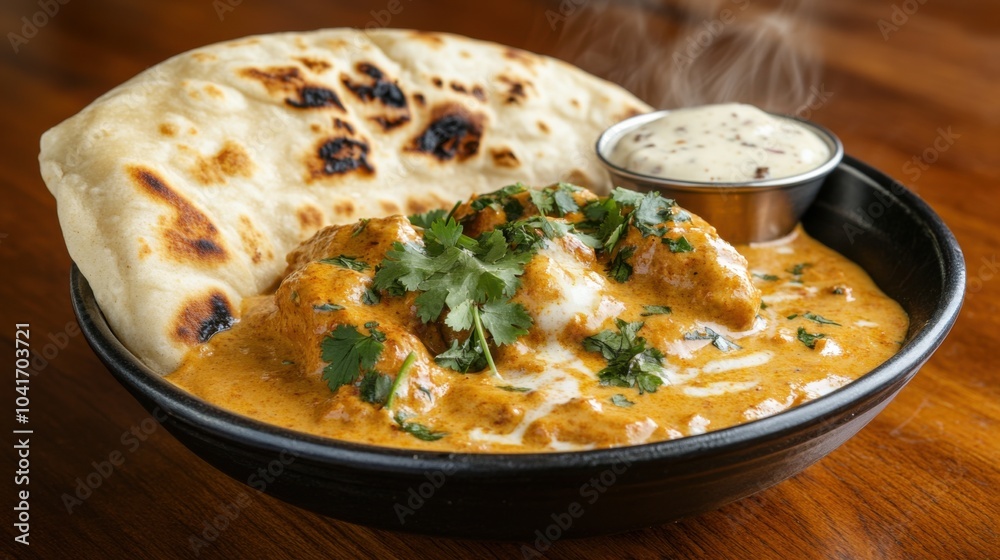 Leckere indische Küche mit Butter Chicken und Naan-Brot für Food-Fotografie Leckere indische Küche mit Butter Chicken und Naan-Brot für Food-Fotografie