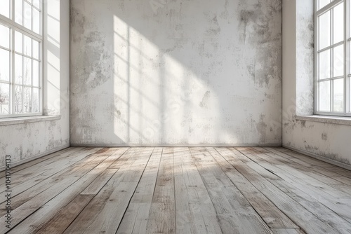 Mildew  Empty Apartment with White Walls and Wooden Floors Infested by Mold