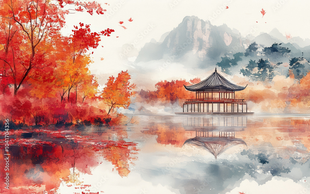 Obraz premium Traditional Chinese style of minimalist landscape painting art background 