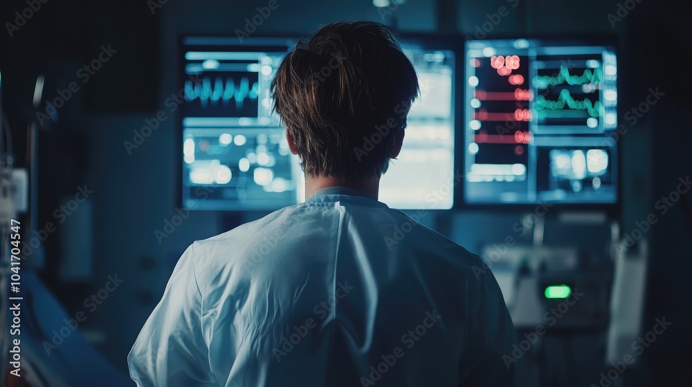 Doctor looking at vital signs monitor, modern healthcare technology, digital medical solutions, back view Doctor looking at vital signs monitor, modern healthcare technology, digital medical solutions, back view