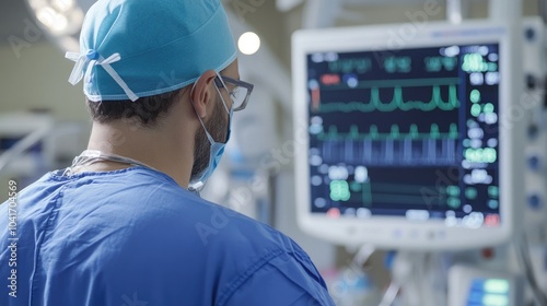 Doctor looking at vital signs monitor, modern healthcare technology, digital medical solutions, back view