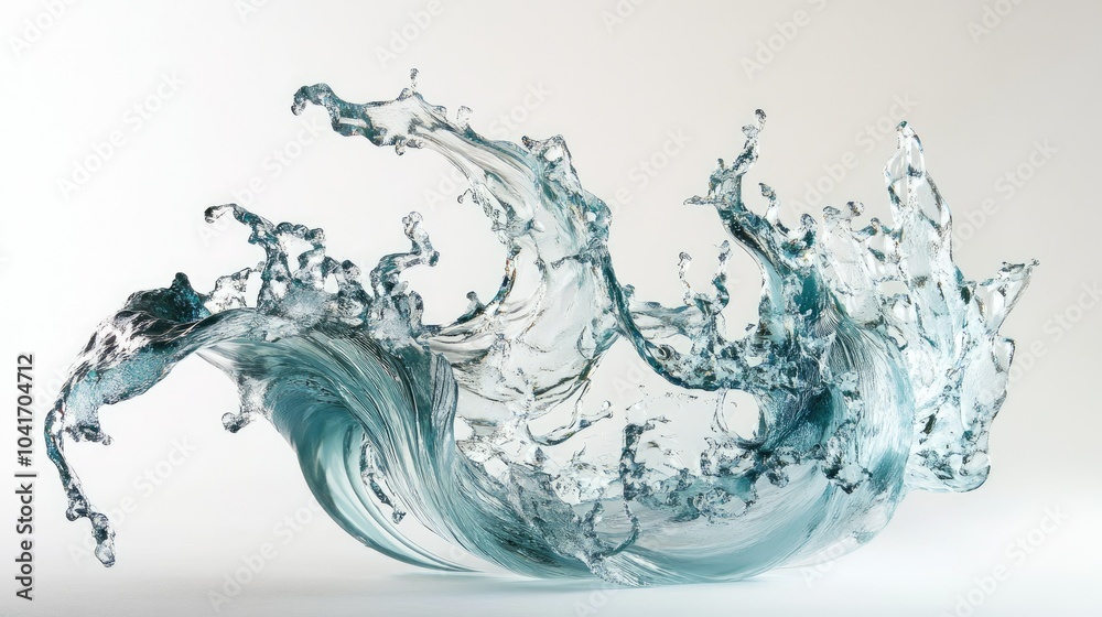 Crystalline water droplets and swirling aqua patterns captured in a dynamic sculpture, frozen in time on a white backdrop. Crystalline water droplets and swirling aqua patterns captured in a dynamic sculpture, frozen in time on a white backdrop.