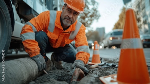 Bauarbeiter in Warnschutzkleidung auf einer städtischen Baugrube – ideal für Themen rund um Sicherheit und Infrastruktur photo