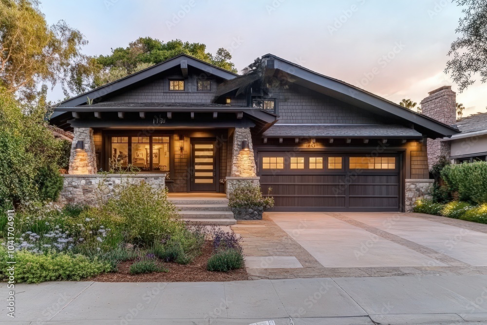 Modern Craftsman Style Home Exterior. Front View of House with Garage and Driveway Modern Craftsman Style Home Exterior. Front View of House with Garage and Driveway