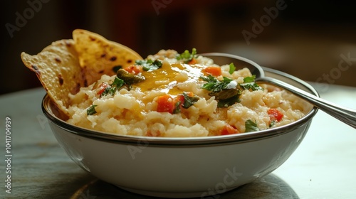 Wohltuendes Khichdi-Gericht mit Ghee und Papad – kulinarischer Hochgenuss für die Food-Fotografie photo