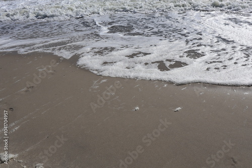 Foamy Ocean Waves Gently Reaching the Sandy Shore photo