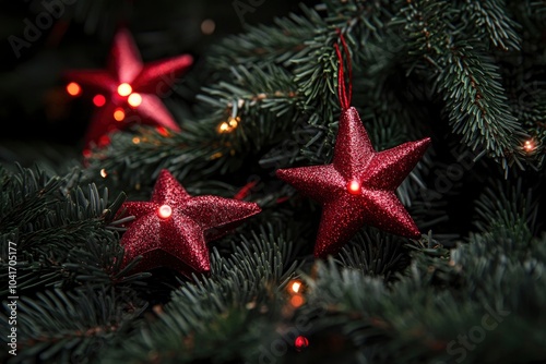 Christmas Decoration with Fir Branches and Red Stars on a Dark Background with generative ai