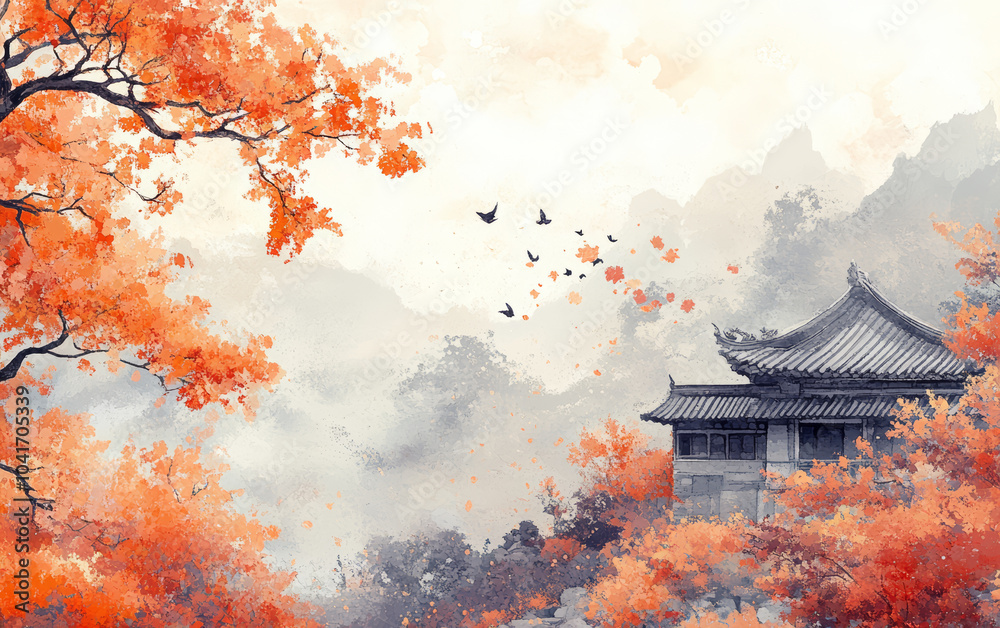 Obraz premium Traditional Chinese style of minimalist landscape painting art background 