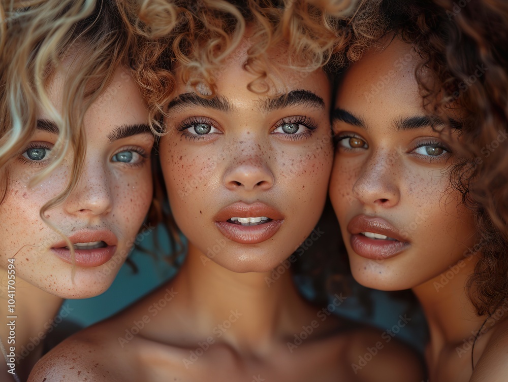 Close-Up Portrait of Three Beautiful Women with Freckles and Curly Hair