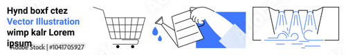 Shopping cart on wheels, hand holding a receipt with water droplets, and a waterfall flow. Ideal for ecommerce, receipts, water consumption, modern commerce, and transaction processing themes