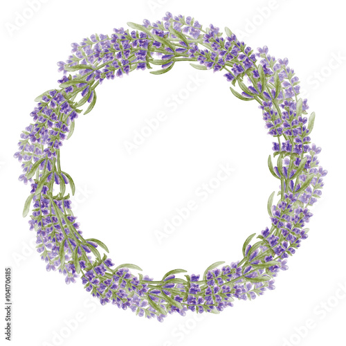 Watercolor lavender wreath. Purple wildflower for aromatherapy and essential oil. Greenery branches, desing element for herbal medicine, wedding invitation, print, label, greeting card