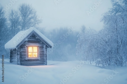 Christmas hut with lighted window in a snowy winter landscape with generative ai