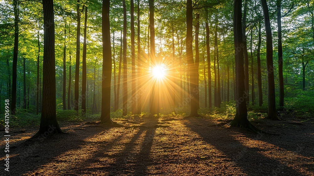Obraz premium Serene Forest with Sunlight Shining Through Trees