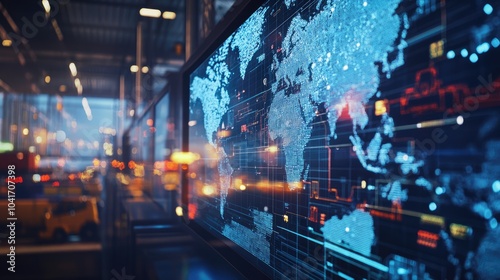 transportation business logistics center (close up, focus on, copy space) colorful maps and monitors, double exposure silhouette with transportation network