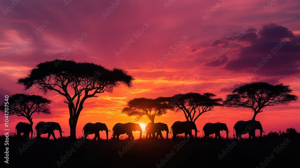 Fiery sunset over the African savanna, with a majestic herd of elephants silhouetted, acacia trees completing the dramatic scene Fiery sunset over the African savanna, with a majestic herd of elephants silhouetted, acacia trees completing the dramatic scene