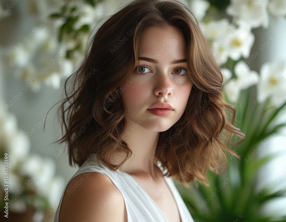 Portrait of a beautiful woman with wavy hair, dressed in white, posing with a floral background Portrait of a beautiful woman with wavy hair, dressed in white, posing with a floral background