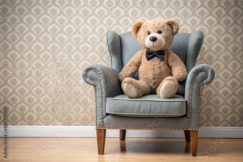 Bear in bow tie sitting on chair with asymmetrical armrest patterns