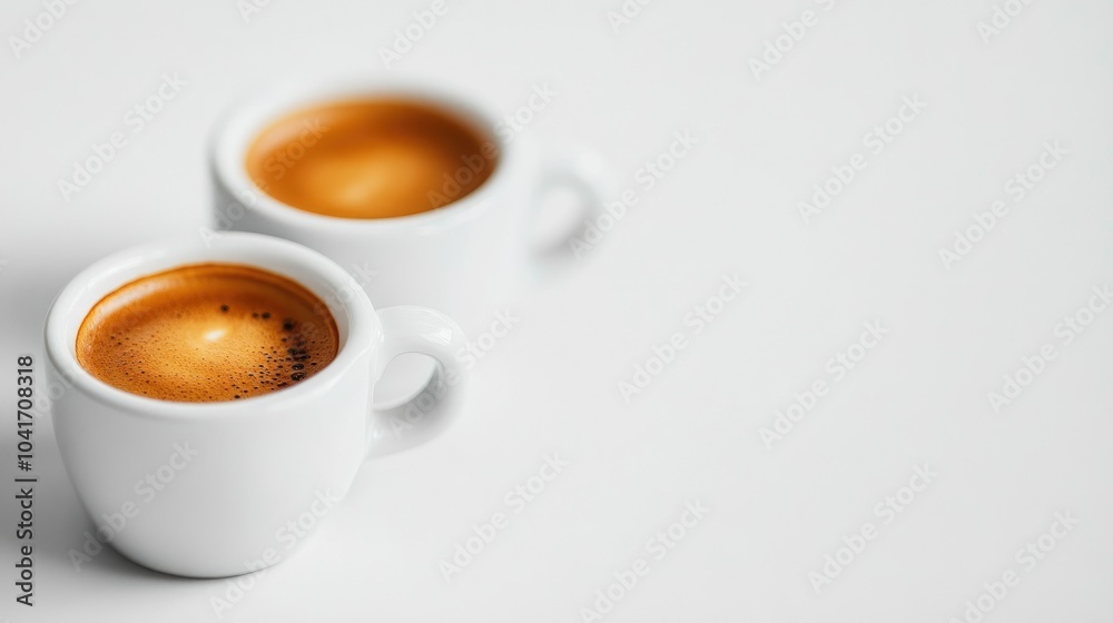 Freshly pulled espresso shots in white cups, rich crema and aromatic steam rising gracefully, set against a minimalist white background. Freshly pulled espresso shots in white cups, rich crema and aromatic steam rising gracefully, set against a minimalist white background.