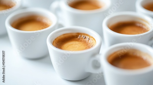 Freshly pulled espresso shots in white cups, rich crema and aromatic steam rising gracefully, set against a minimalist white background.