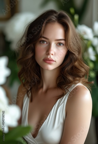 Portrait of a beautiful woman with wavy hair, dressed in white, posing with a floral background