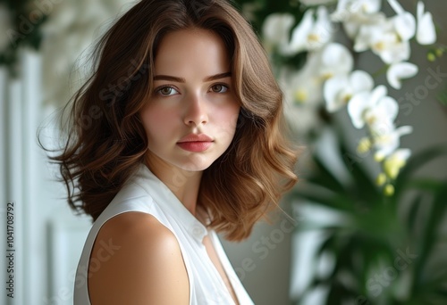 Portrait of a beautiful woman with wavy hair, dressed in white, posing with a floral background