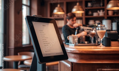 A modern kiosk tablet displayed in a bustling urban setting